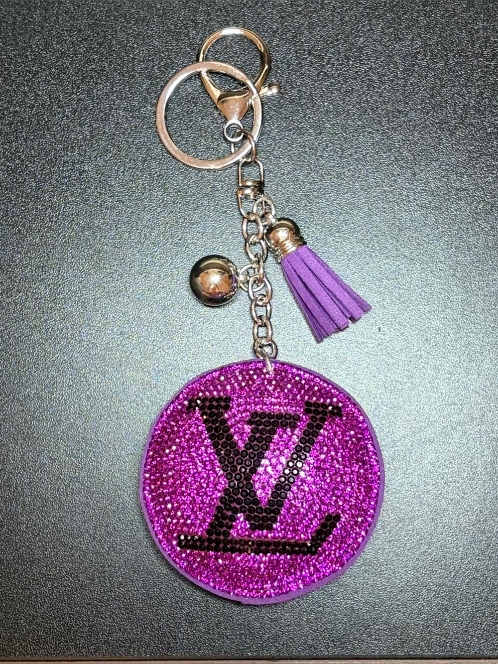 Purple & Black Crystal Monogram Tassel Keychain